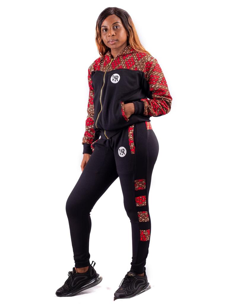 Reder Jogging à capuche imprimé africain pour hommes (Noir /Pagne rouge noir)