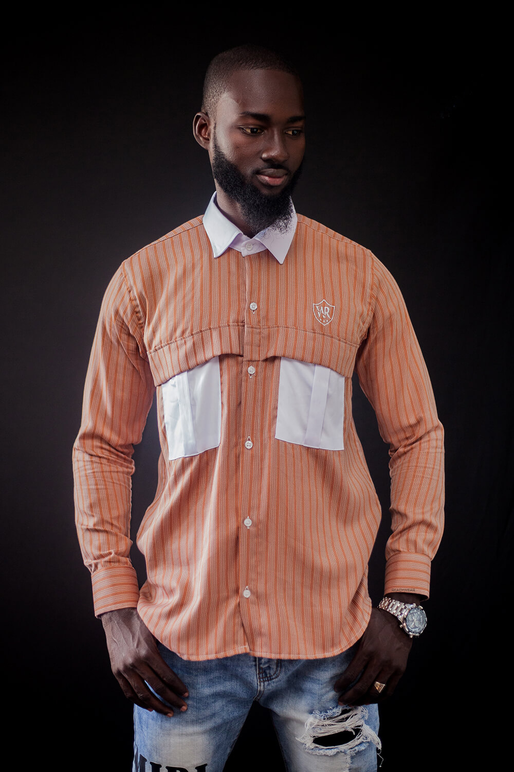 Chemise en soie boutonné au col classique pour homme(marron / Blanc)