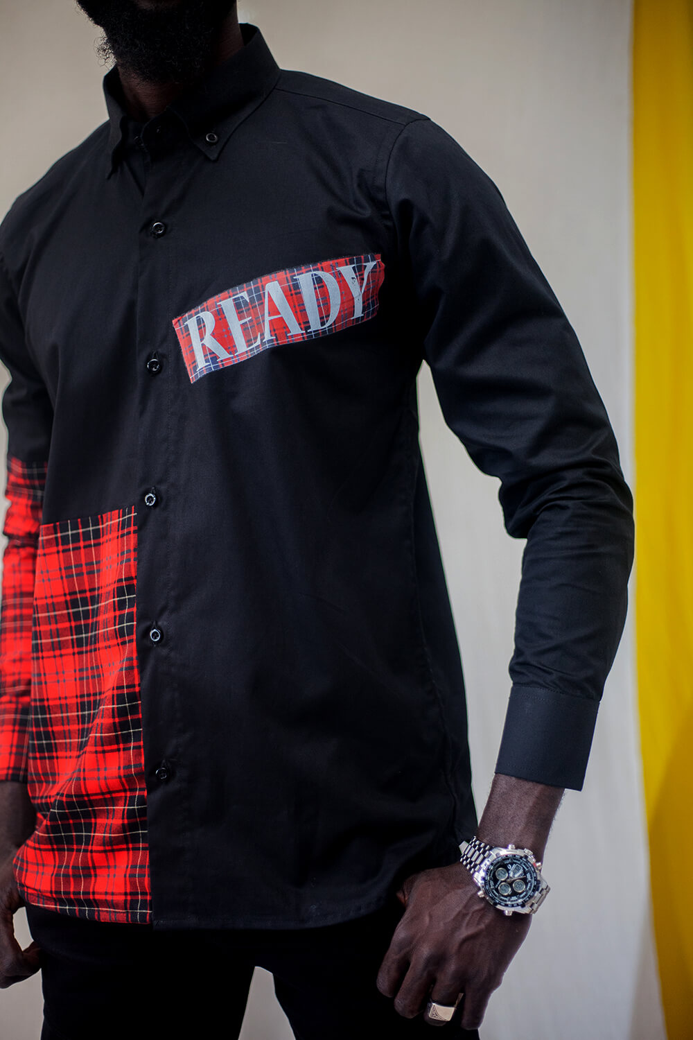 Chemise boutonnée imprimé tissu carreaux pour hommes (Noir/ Rouge)