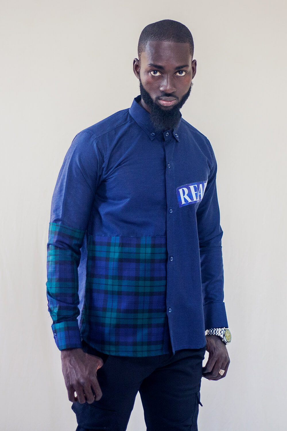 Chemise boutonnée imprimé tissu carreaux pour hommes (Bleu / Vert)