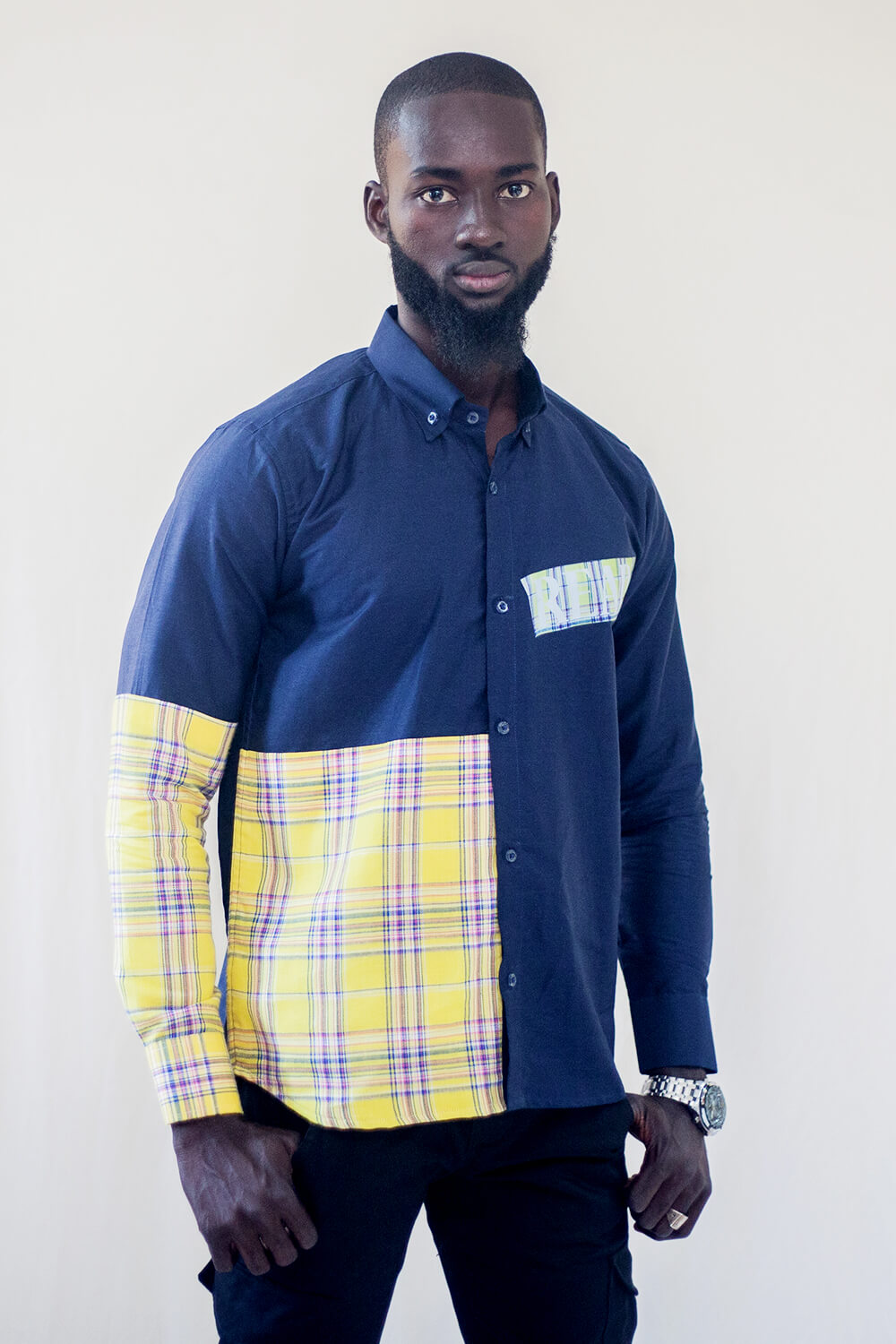 Chemise boutonnée imprimé tissu carreaux pour hommes (Bleu/ Jaune)