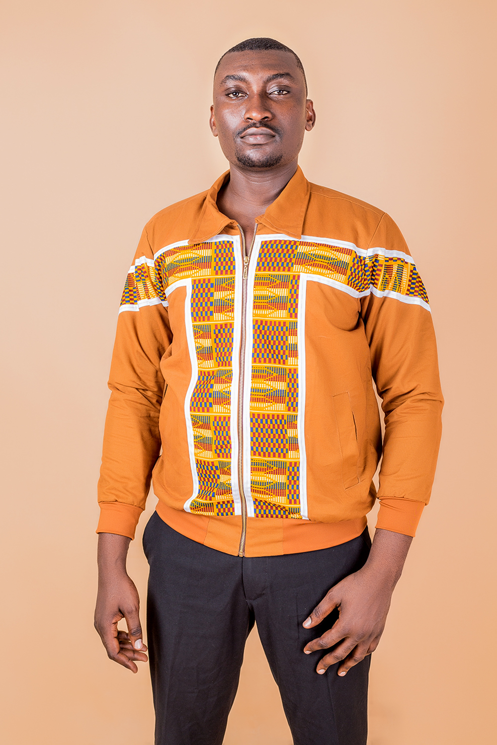 Bomber à col large à imprimé africain pour homme (Marron/ Blanc)