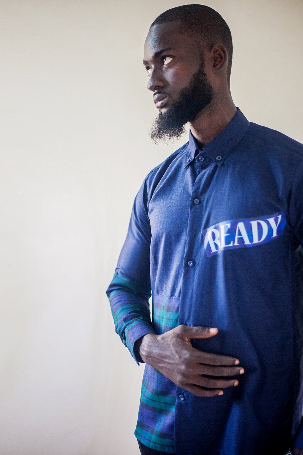 Chemise boutonnée imprimé tissu carreaux pour hommes (Bleu / Vert)