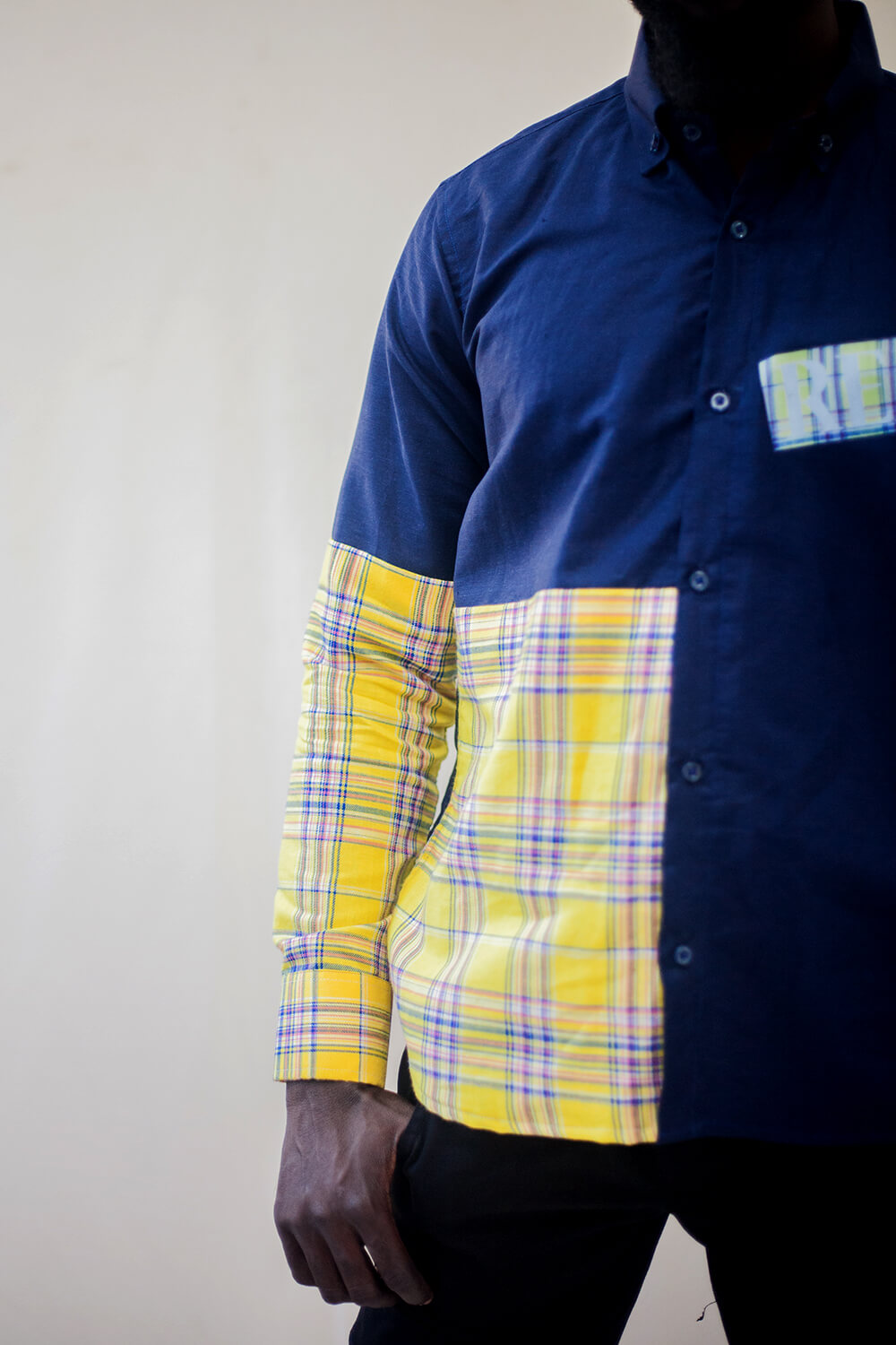 Chemise boutonnée imprimé tissu carreaux pour hommes (Bleu/ Jaune)